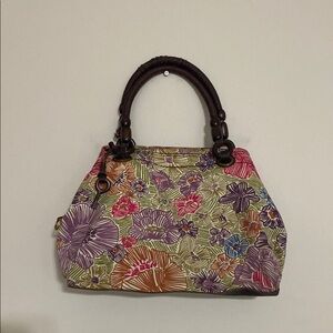 Fossil Floral  Women's large shoulder Bag  canvas Wooden Handles boho vacation